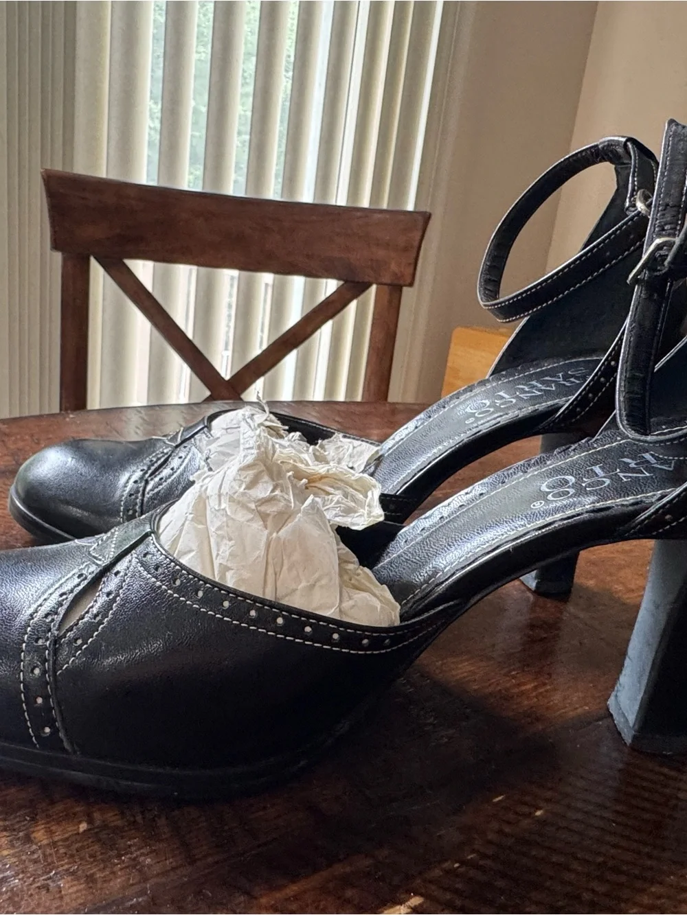 Franco Sarto Black Leather Ankle-Strap Pumps with Decorative Cutouts